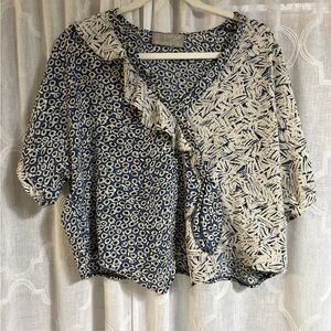 R. Michael Alan Vintage Abstract Blouses 1990s 90s Blue And White Wrap Blouse